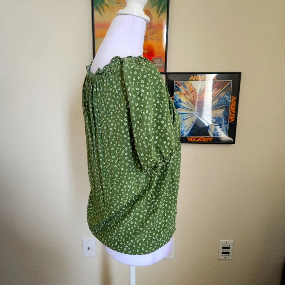 Reformation Green Floral Puff Sleeve Blouse
